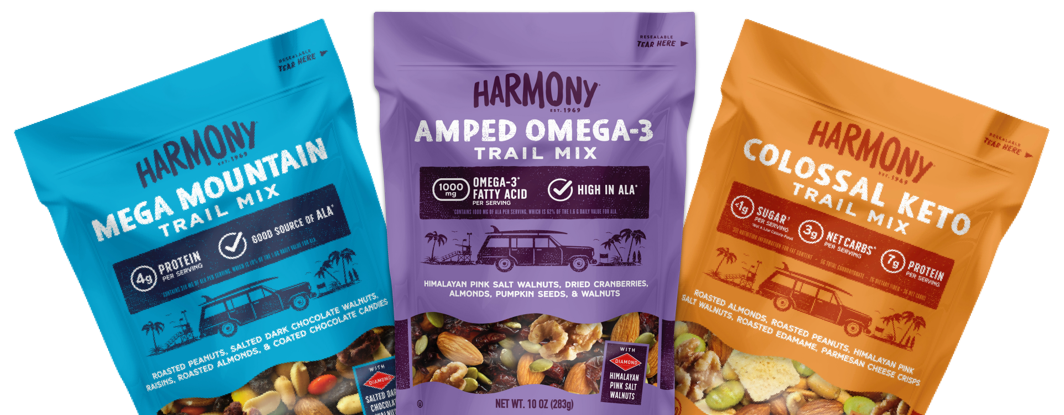 Bags of Harmony Mega Mountain Trail Mix, Harmony Amped Omega-3 Trail Mix, and Harmony Colossal Keto Trail Mix